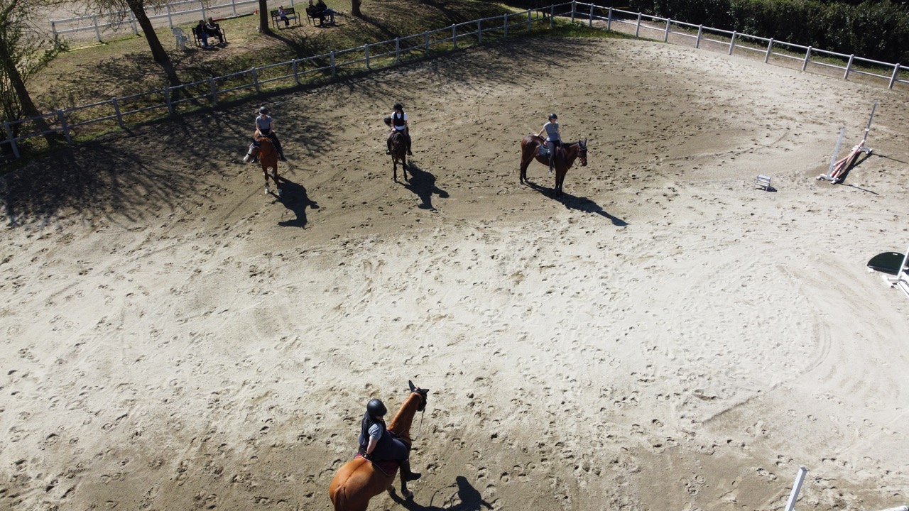 Panoramica del campo esterno con parco ostacoli per cavalli